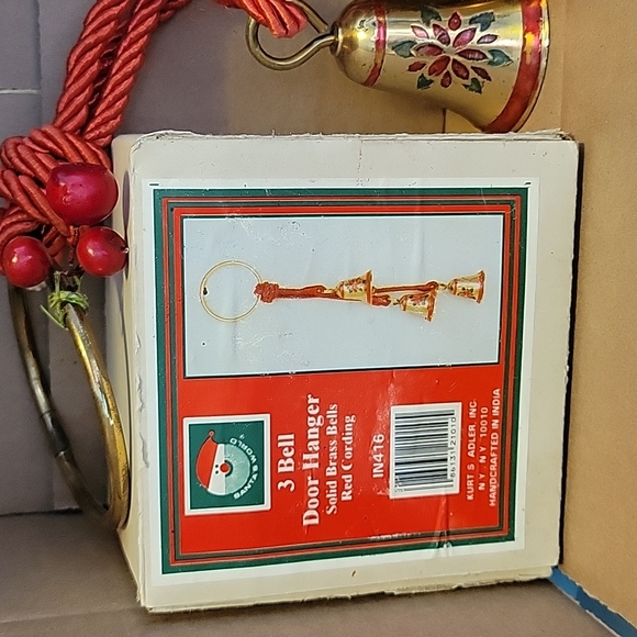 VINTAGE SANTAS WORLD 3 SOLID BRASS BELLS POINSETTIAS DOOR HANGER KURT'S ADLER - Picture 2 of 7